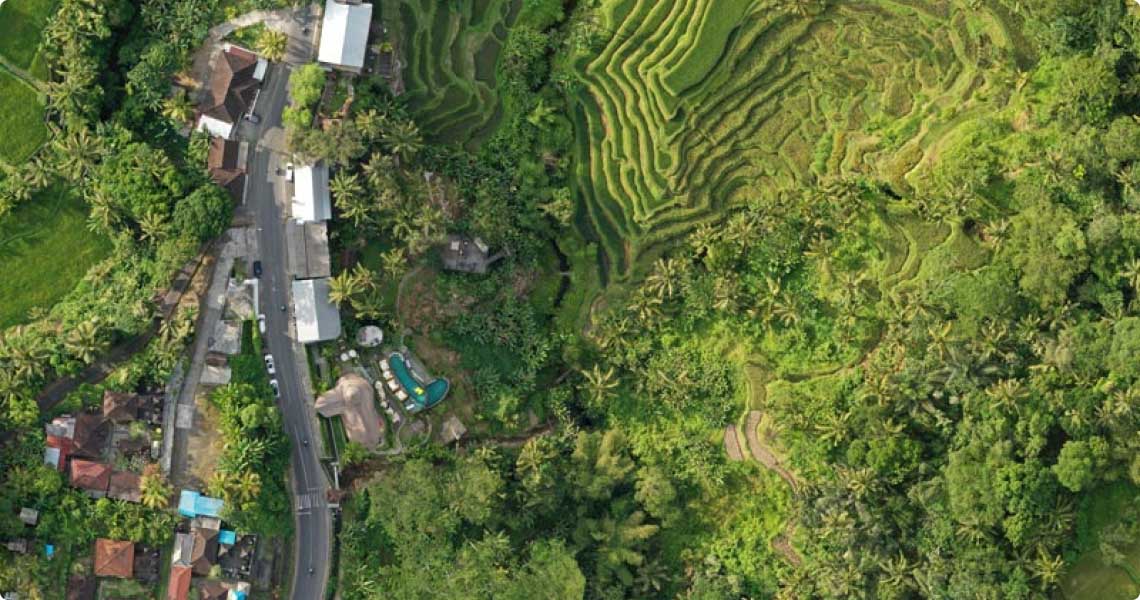 Orthophoto Mosaic of a Road with Houses next to a Jungle Valley in Ubud, Indonesia